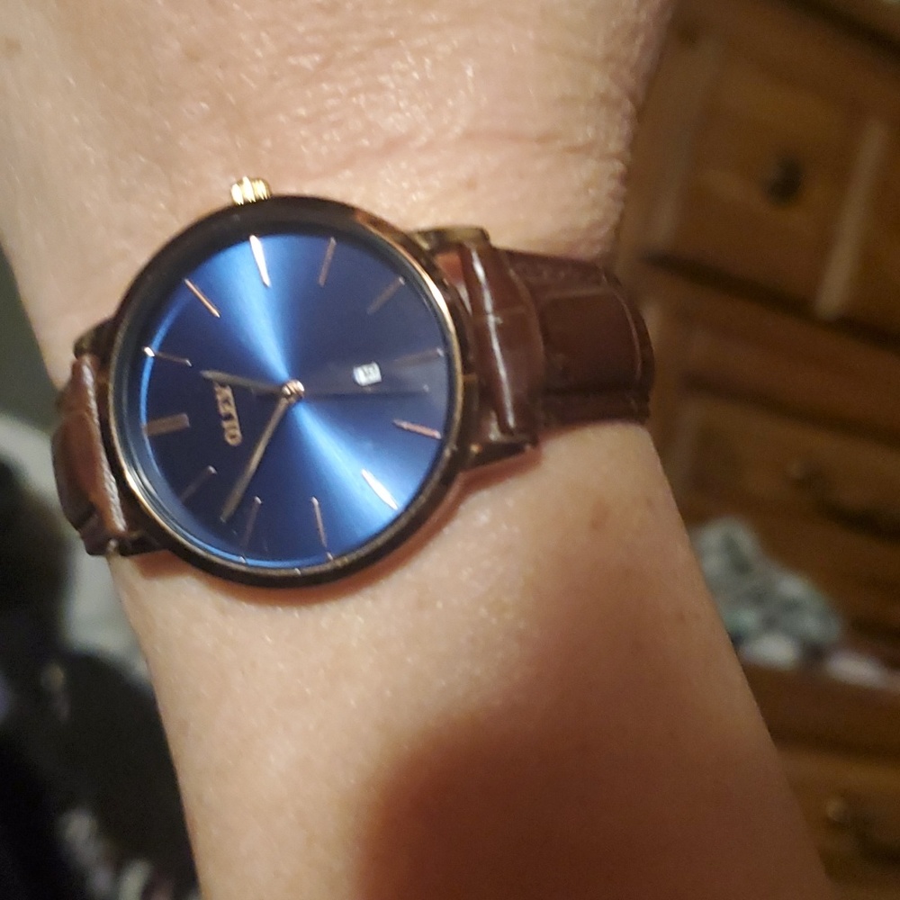 Olevs minimalistic blue and copper watch w leather band